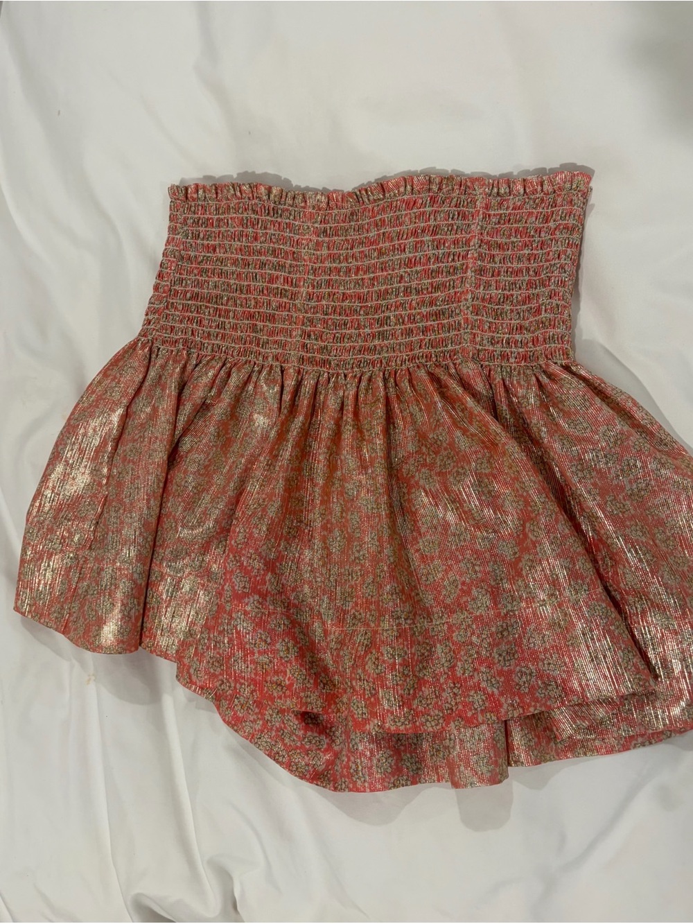 Smocked Metallic Coral Mini Skirt